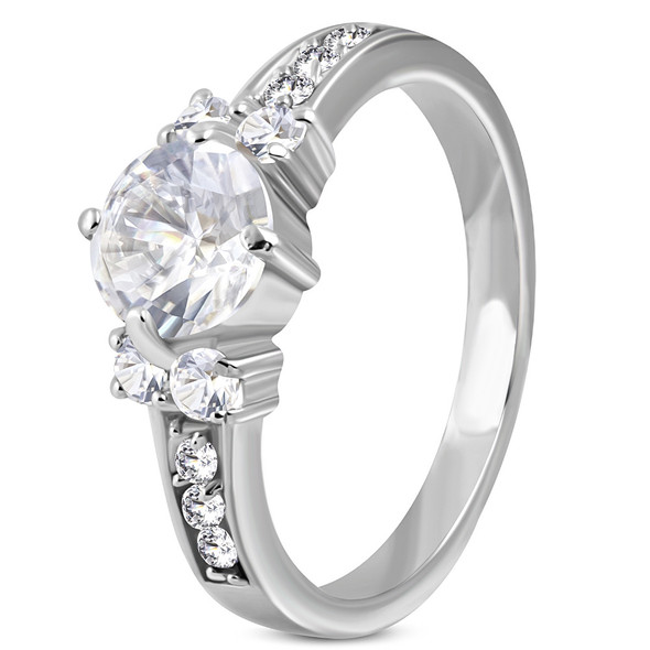 Personalized Stainless Steel Prong-Set Wedding Band Ring With Clear CZ